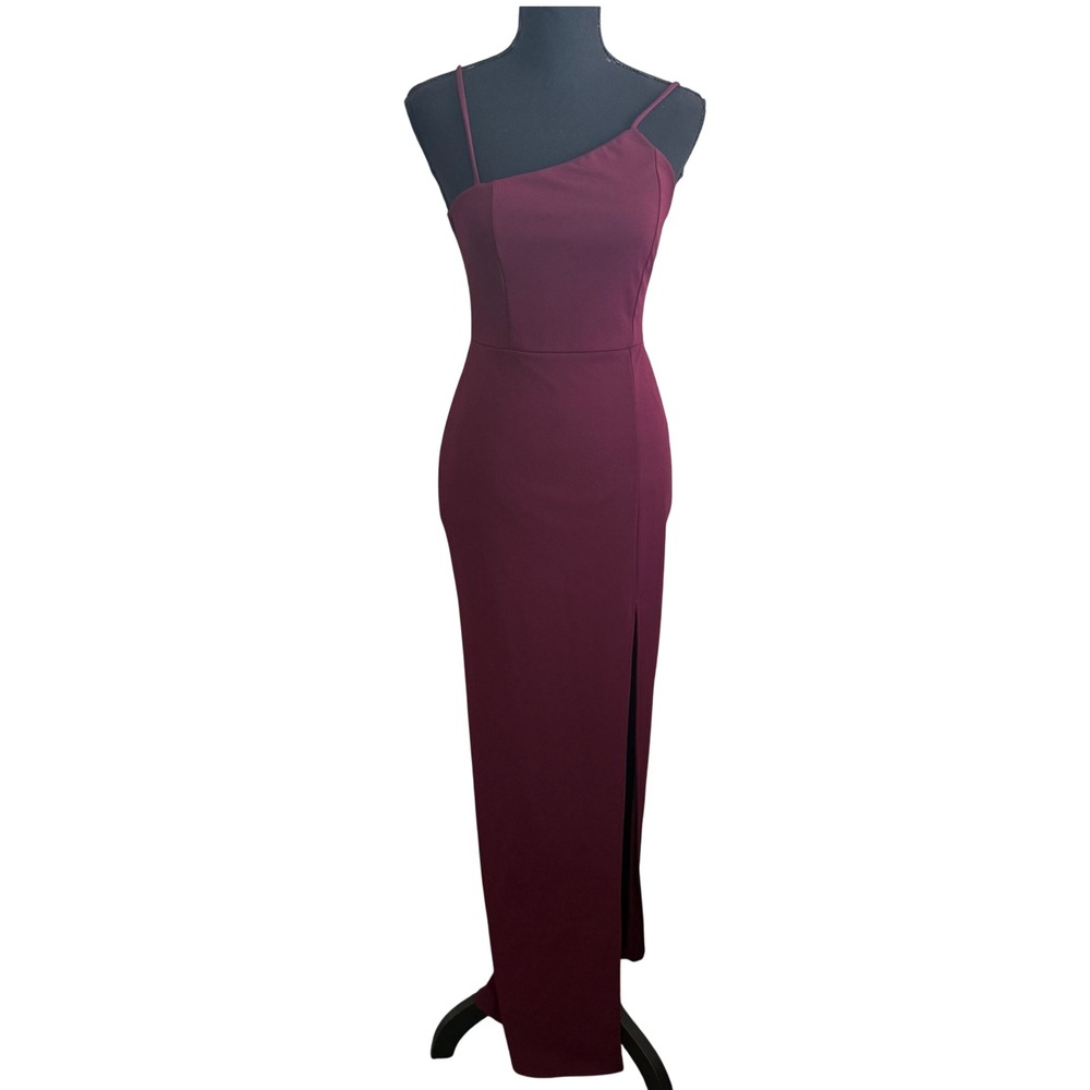 Lulus Burgundy Asymmetrical Neckline Maxi Dress Side Slit Wine Red Formal Gown
